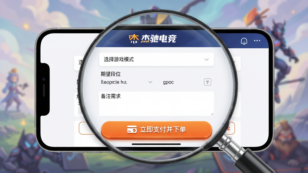 画面主体为杰驰电竞APP的订单创建页面,背景是色彩柔和的游戏主题壁纸,前景是一个智能手机横屏展示,手机屏幕上有“选择游戏模式”、“期望段位”、“备注需求”等选项,底部是一个醒目的橙色“立即支付并下单”按钮。布局采用放大镜视角,手机屏幕细节清晰。排版上,页面顶部有“杰驰电竞”Logo,表单布局简洁明了。风格为UI界面展示风格,细节上突出按钮的立体感与支付图标。画质为超清,画面干净,无多余元素。