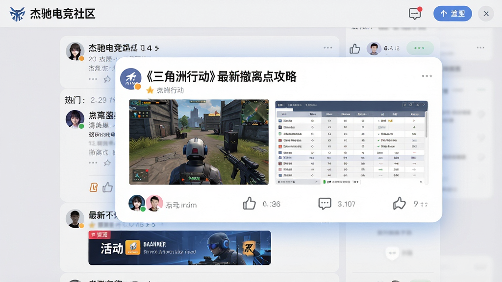 画面主体为杰驰电竞社区讨论区界面,背景为浅灰色的社交软件界面素材,前景是一个高亮显示的讨论帖,标题为“《三角洲行动》最新撤离点攻略”,帖子下方有用户头像与点赞评论图标。布局采用列表式,从上到下依次是热门帖子、最新回复、活动 banner。排版上,顶部有“杰驰电竞社区”字样,整体风格为扁平化UI设计,细节上突出帖子里的游戏截图与数据表格。画质为高清,画面干净,无多余元素。