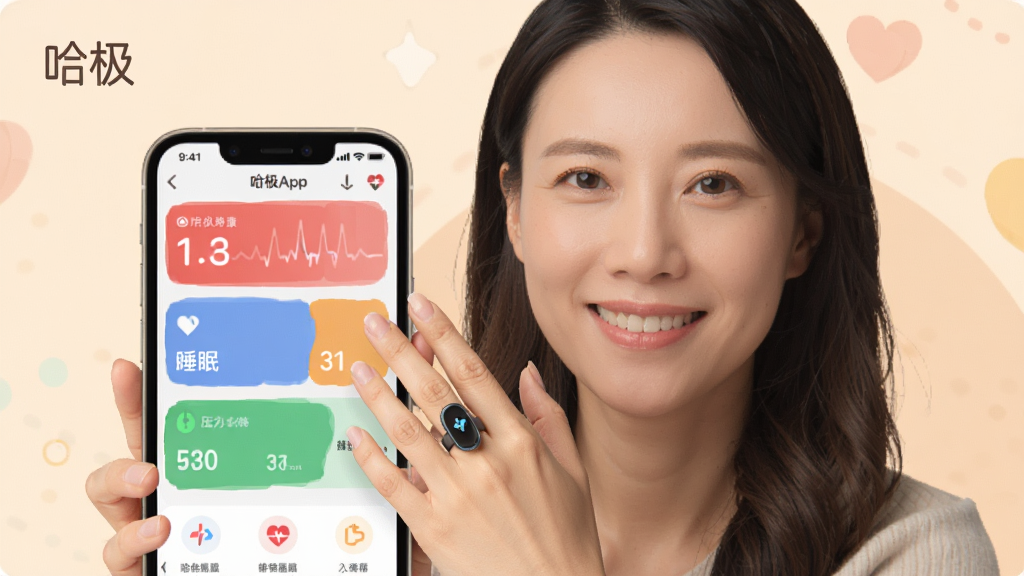 一张展示哈极App核心界面的宣传图片,画面中央是一位30岁左右的女性微笑着佩戴智能戒指,手机屏幕显示心率、睡眠、压力等健康数据卡片,整体色调柔和温暖,采用扁平化设计风格,细节丰富,画质干净,无多余元素,图片上带有“哈极”字样