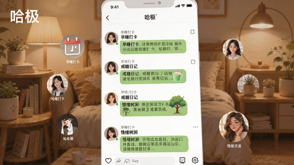 展示哈极App社群互动界面,画面中有多位女性用户头像,围绕“早睡打卡”“戒糖日记”“情绪树洞”等话题进行讨论,聊天背景温馨,采用社交App界面截图风格,UI设计简洁,细节丰富,画质干净,图片上带有“哈极”字样