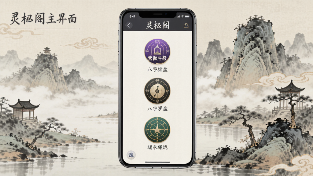 灵枢阁应用主界面,展示紫微斗数、八字排盘、风水罗盘等功能图标,背景为古风山水画,整体风格古典雅致,手机居中,界面布局清晰,排版疏朗,画质高清,干净无多余元素
