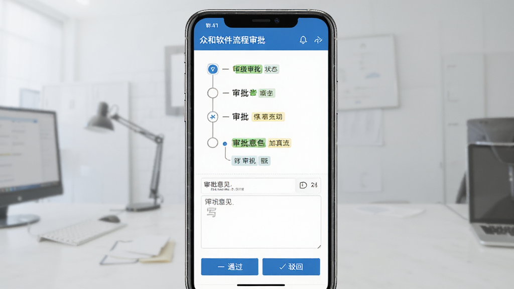 众和软件流程审批界面截图,主体为手机上的审批表单,显示多级审批节点和状态标签,布局纵向排列,排版清晰,采用蓝白配色商务风格,细节展示审批意见填写区域和通过/驳回按钮,画质高清,干净,无多余元素