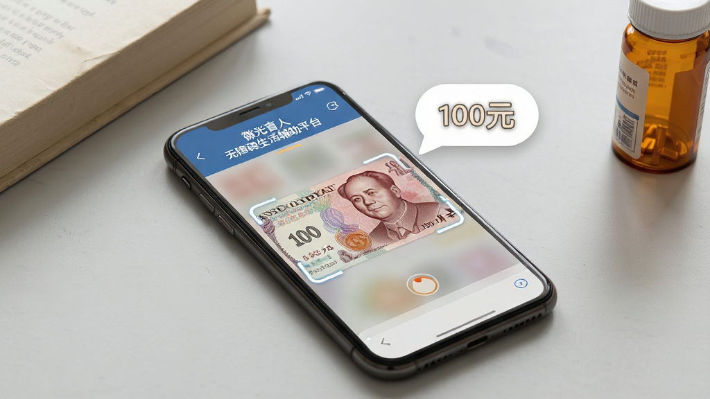主体:微光盲人无障碍生活辅助平台APP的AI识别功能演示,手机屏幕显示正在识别一张钞票,屏幕上有识别框。布局:手机斜放,背景为浅灰色桌面,旁边有书本和药瓶。排版:识别框居中,语音播报文字以气泡形式显示。风格:写实,自然光,色调温暖。细节:钞票上的数字清晰可见,语音气泡内写有“100元”。画质:高清,干净,无多余元素。