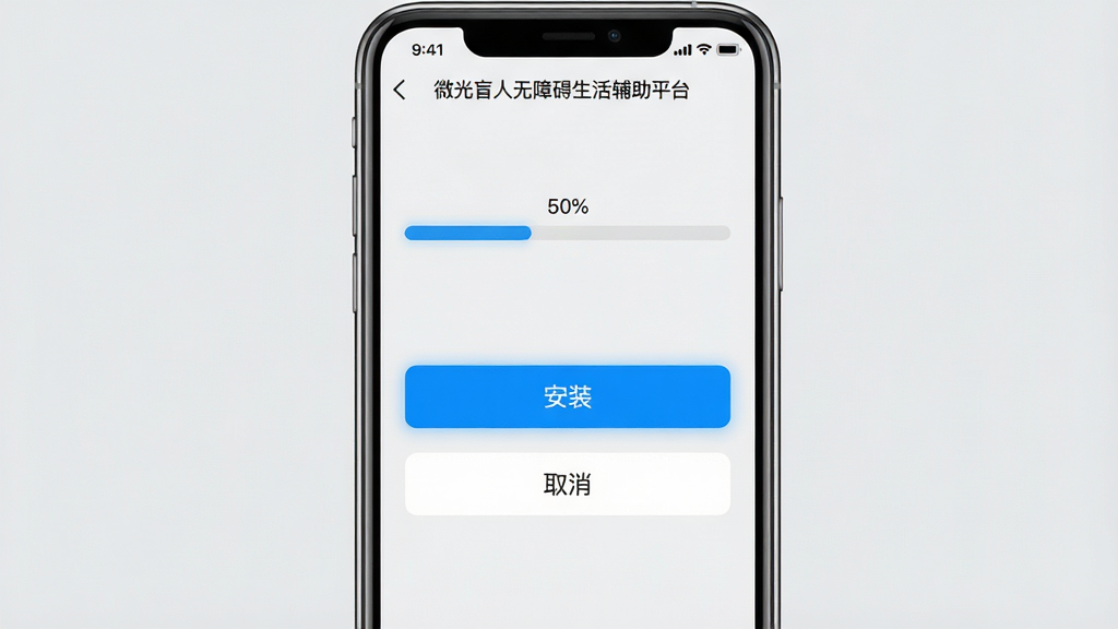 主体:微光盲人无障碍生活辅助平台APP的安装界面截图,手机屏幕显示“安装”按钮和进度条。布局:手机居中,背景为浅灰色,简洁明了。排版:安装按钮高亮,下方有“取消”选项。风格:写实,截图风格。细节:屏幕上方显示“微光盲人无障碍生活辅助平台”,进度条显示“50%”。画质:高清,干净,无多余元素。