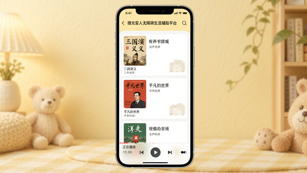 主体:微光盲人无障碍生活辅助平台APP的有声书城界面,手机屏幕显示书籍列表和播放器。布局:手机居中,背景为浅黄色,温馨舒适。排版:书籍封面以列表形式排列,播放器在屏幕底部。风格:简洁清新,色调柔和。细节:书籍封面有《三国演义》、《平凡的世界》等,播放器显示“正在播放”。画质:高清,干净,无多余元素。