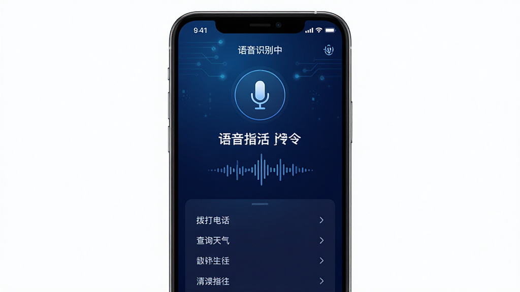 主体:微光盲人无障碍生活辅助平台APP的语音操控界面,手机屏幕显示麦克风图标和语音波形。布局:手机居中,背景为深蓝色渐变,科技感十足。排版:语音指令文字居中显示,下方有常用指令列表。风格:现代科技风,色调深邃。细节:屏幕上方显示“语音识别中”字样,下方列表包含“拨打电话”、“查询天气”等。画质:高清,干净,无多余元素。