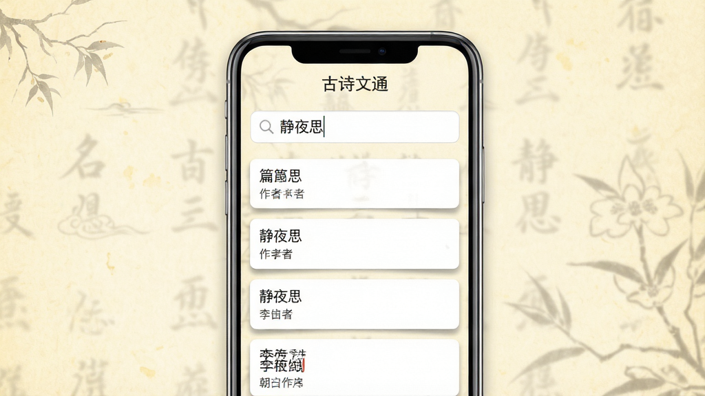 主体:手机屏幕上显示“古诗文通”的搜索界面,输入“静夜思”后展示出李白该诗的搜索结果列表。布局:手机占据画面中央,搜索框在顶部,下方列出多个相关结果。排版:列表清晰,每项显示篇名、作者和朝代。风格:现代简洁,搭配淡黄仿古纸纹理背景。细节:搜索框内有放大镜图标,结果条目有轻微阴影。画质:高分辨率,色彩柔和,画面干净整洁。