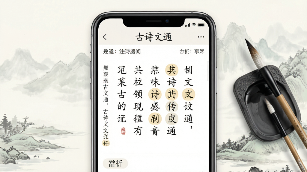主体:一款名为“古诗文通”的手机应用界面特写,屏幕中展示着一首古典诗词的阅读页面,配有注释和赏析。布局:手机居中,屏幕内容清晰可见,周围有淡雅的水墨山水画背景。排版:界面简洁,诗文文字竖排或横排清晰,重点字词有高亮标注。风格:中国风,水墨淡彩,古韵盎然。细节:屏幕上有“古诗文通”字样,背景有毛笔、砚台等元素。画质:高清,明亮,干净,无多余元素。