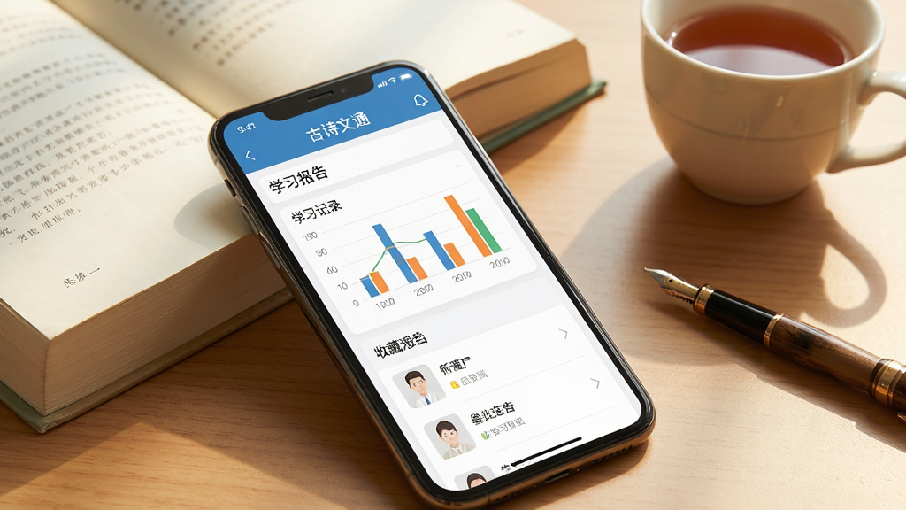主体:一部手机正在运行“古诗文通”应用,屏幕上显示学习记录界面,包含统计图表和收藏列表。布局:手机斜放,屏幕清晰,背景为书桌,有纸质书籍和茶杯。排版:界面数据展示直观,图表简洁。风格:生活化,明亮温暖。细节:屏幕上有“学习报告”字样,背景有钢笔。画质:高清,干净,无多余元素。