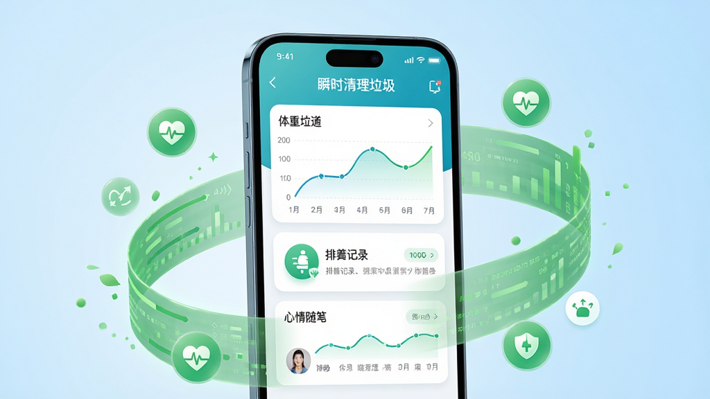 高清数字渲染风格的主视觉图,画面中央是一部智能手机,屏幕中显示“瞬时清理垃圾”应用的首页界面,包含体重曲线图、排便记录图标和心情随笔卡片,手机四周环绕着清新的绿色数据流与健康元素图标,背景为浅蓝色渐变,整体布局干净清爽,突出健康管理与数据记录主题,画质细腻,无多余元素