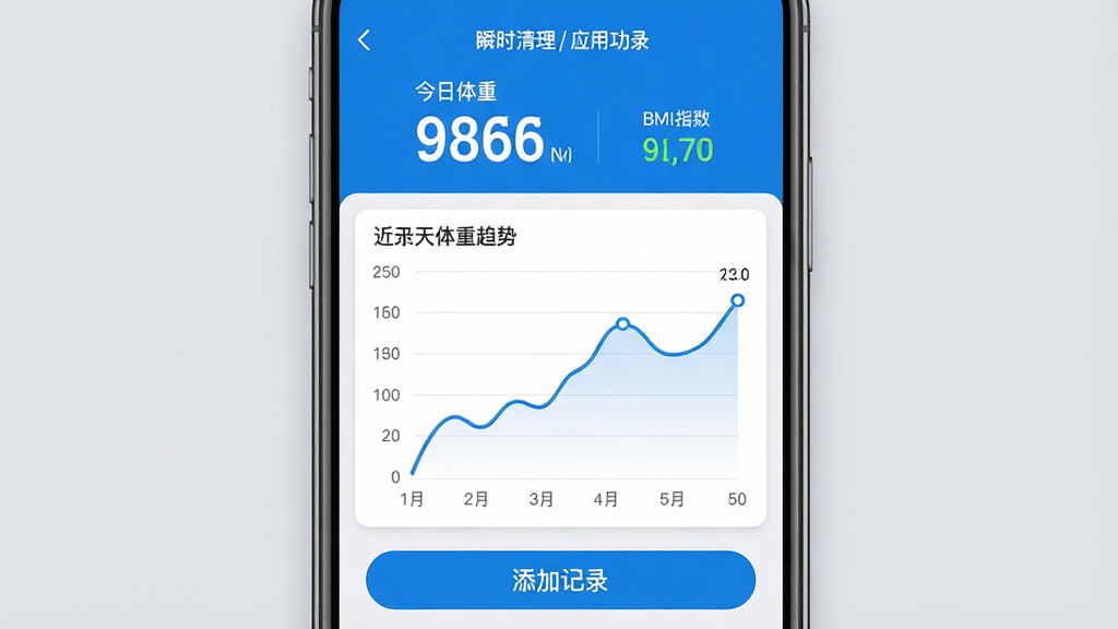 展示“瞬时清理垃圾”应用体重记录功能的界面截图,画面为手机竖屏,上方显示今日体重数字与BMI指数,中间区域为近30天的体重折线趋势图,下方有“添加记录”按钮,整体采用蓝白配色,图表线条流畅清晰,界面简洁现代,背景为浅灰色,突出数据可视化效果,画质高清,无多余元素