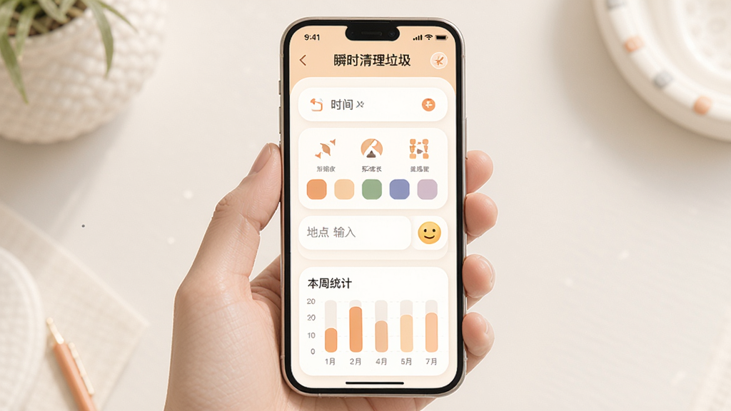 展示“瞬时清理垃圾”排便记录功能的界面,手机屏幕中显示一个记录表单,包含时间选择器、形状图标选择、颜色色板、地点输入框和心情表情选项,下方为本周统计柱状图,整体UI风格柔和圆润,以暖白色为底色,搭配淡橙色点缀,布局清晰易操作,画质细腻,无多余元素