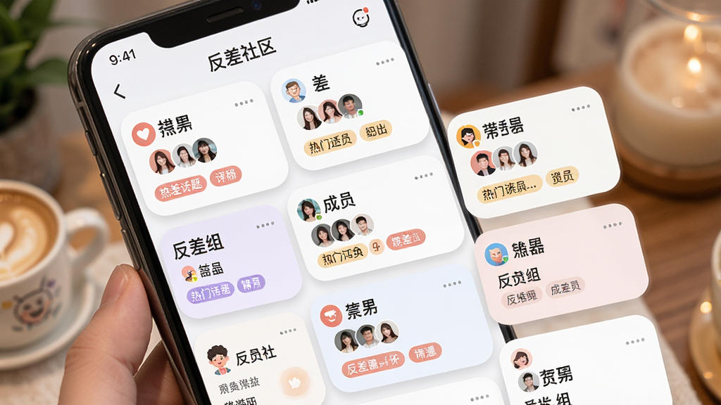 主体:手机应用中的“反差社区”聊天群组界面,显示多个不同主题的讨论组卡片。布局:瀑布流式布局,卡片大小不一,错落有致。排版:卡片内包含群组名称、成员头像和热门话题标签。风格:明亮清新,采用圆角卡片和柔和阴影设计。细节:画面聚焦于社区的热闹氛围,突出“反差交友”的品牌标识,画质清晰。