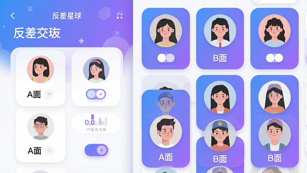 主体:手机应用界面截图,展示“反差星球”功能,界面上有多个圆形头像卡片,每个卡片标注“A面”和“B面”。布局:界面左侧为功能列表,右侧为卡片墙,布局清晰。排版:卡片采用柔和圆角设计,配有切换按钮。风格:扁平化设计,色彩活泼,以蓝紫渐变为主色调。细节:画面中隐约可见用户互动数据,画质干净,无多余元素,突出“反差交友”应用名称。