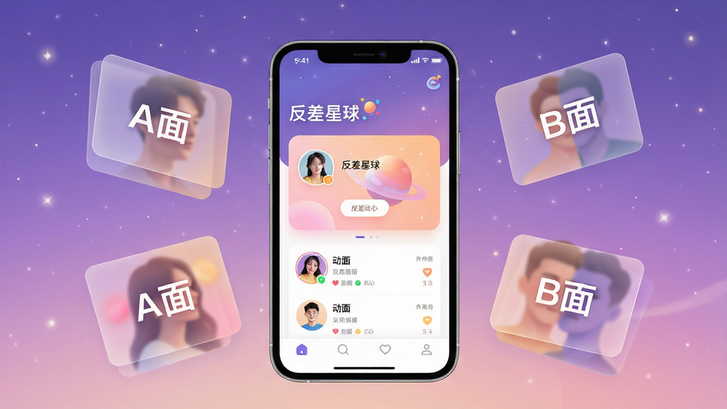 主体:一款名为“反差交友”的智能手机应用界面展示,手机屏幕占据画面中心,背景为柔和的渐变星空紫。布局:手机竖屏居中,周围漂浮着代表不同人格的抽象半透明卡片,卡片上分别显示“A面”与“B面”字样。排版:简洁现代,应用界面清晰展示“反差星球”功能模块,有用户头像和动态。风格:科技感与梦幻感结合,色彩明亮温暖,富有社交氛围。细节:画面干净,光线柔和,突出应用图标和“反差交友”文字标识,整体画质高清。