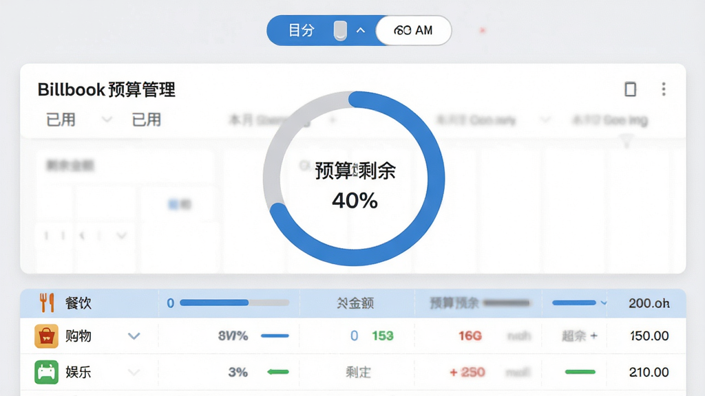 主体:Billbook预算管理界面,显示本月预算进度条,已用金额、剩余金额和超支警告。布局:顶部为月份切换,中部为圆形进度环,下方为分类预算列表。排版:数据可视化,用不同颜色区分已用和剩余。风格:简洁商务风,背景为浅灰,主色为蓝色。细节:进度环上写有“预算剩余 40%”,分类列表有餐饮、购物、娱乐等。画质:高清,干净,无多余元素。