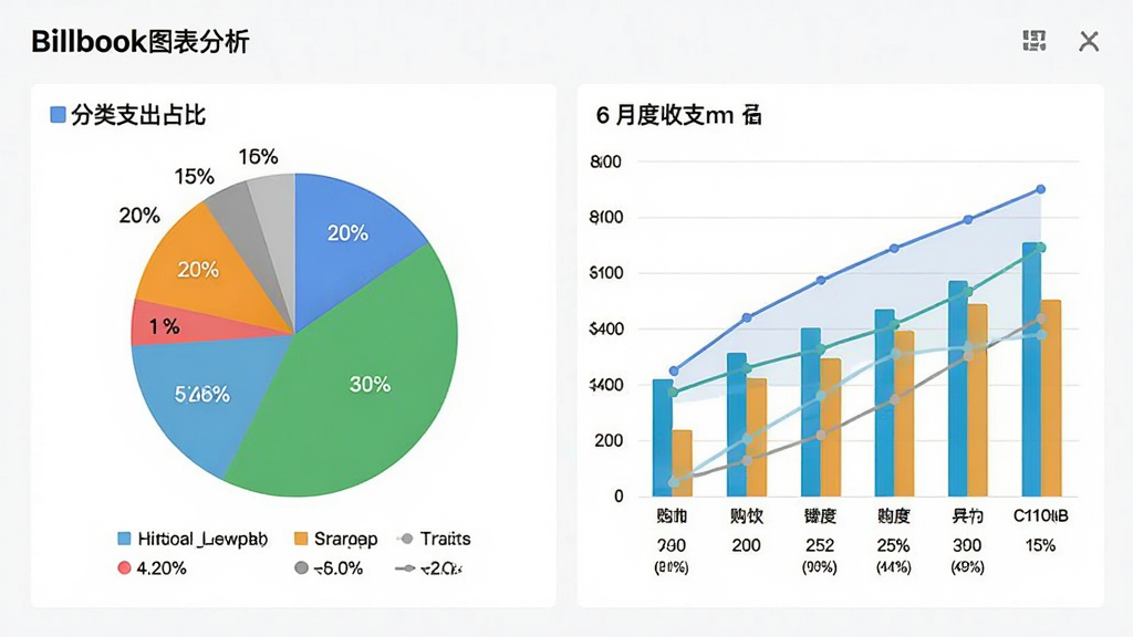 主体:Billbook图表分析界面,屏幕上展示一个饼图和一个柱状图,分别表示分类支出占比和月度收支趋势。布局:饼图在左侧,柱状图在右侧,背景为白色。排版:图表下方有图例和详细数据。风格:现代数据可视化风格,色彩鲜艳但不刺眼。细节:饼图显示餐饮30%、交通20%、购物25%等,柱状图显示近6个月收支曲线。画质:高清,干净,无多余元素。