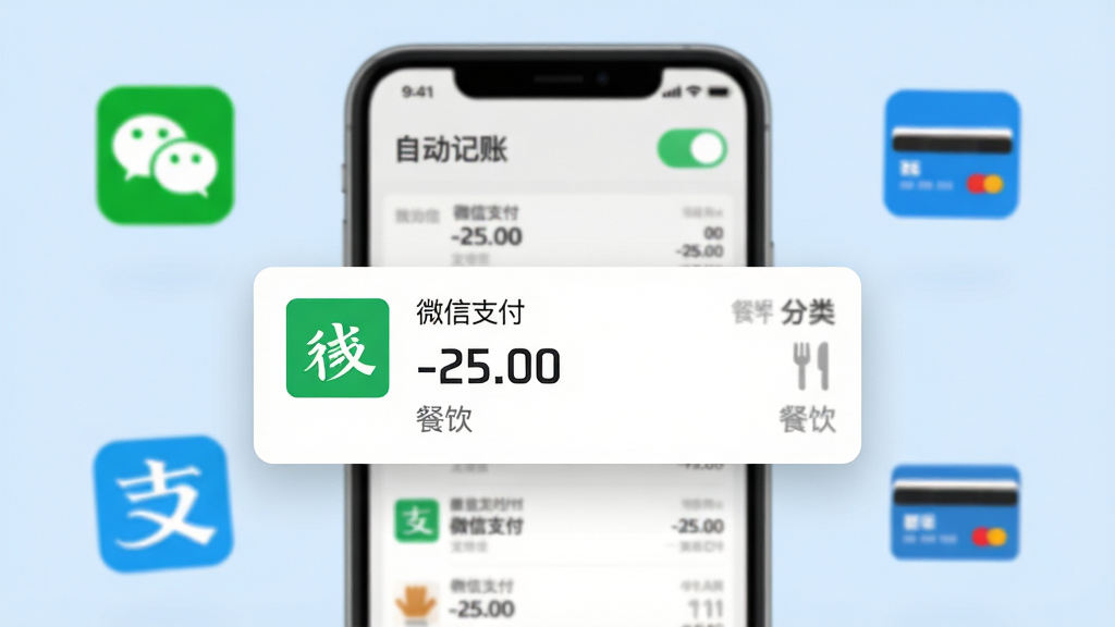 主体:Billbook自动记账功能示意,手机屏幕上显示一条自动生成的账单记录,来源为“微信支付”,金额为“-25.00”,分类为“餐饮”。布局:手机居中,周围环绕几个小图标表示支付平台(微信、支付宝、银行卡),背景为浅蓝色。排版:手机界面放大,重点突出自动记账的条目,其他元素虚化。风格:写实结合扁平,色彩清新。细节:屏幕上方有“自动记账”开关,状态为开启。画质:高清,干净,无多余元素。