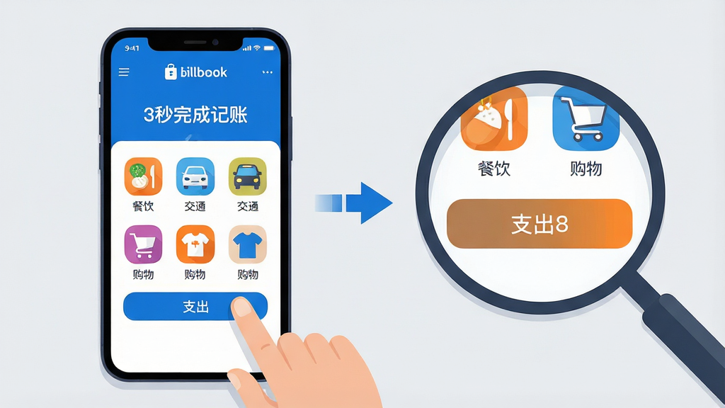 主体:手机屏幕上展示Billbook应用快速记账流程,手指点击“支出”按钮,弹出分类选择界面,包含餐饮、交通、购物等图标。布局:左侧为手机全屏界面,右侧为放大镜展示关键按钮,背景为浅灰色。排版:流程步骤用箭头串联,简洁明了。风格:扁平化插画风,色彩明亮,主色为蓝色和橙色。细节:屏幕上显示“3秒完成记账”字样,分类图标有食物、汽车、衣服等。画质:高清,干净,无多余元素。