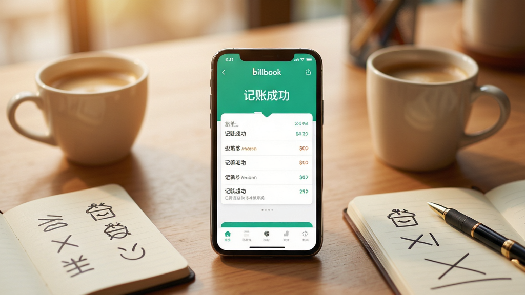 主体:Billbook使用场景图,一部手机放在桌面上,屏幕上显示记账成功后的账单列表,旁边放着一杯咖啡和一个小本子。布局:手机居中,周围有咖啡、笔记本、笔等办公用品,背景为暖色调。排版:手机屏幕清晰,其他物品虚化。风格:生活化写实,色彩温暖。细节:手机屏幕上有“记账成功”提示,本子上画有简单的收支符号。画质:高清,干净,无多余元素。