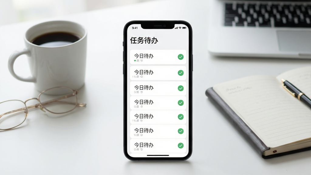 展示Cargo软件的任务列表界面,屏幕中列出多项待办任务,每项右侧有对勾图标,顶部有“今日待办”标题,手机竖屏展示,背景为简约办公桌,有一杯咖啡和笔记本,画面清新干净,字体清晰,布局合理,画质细腻,无多余元素。