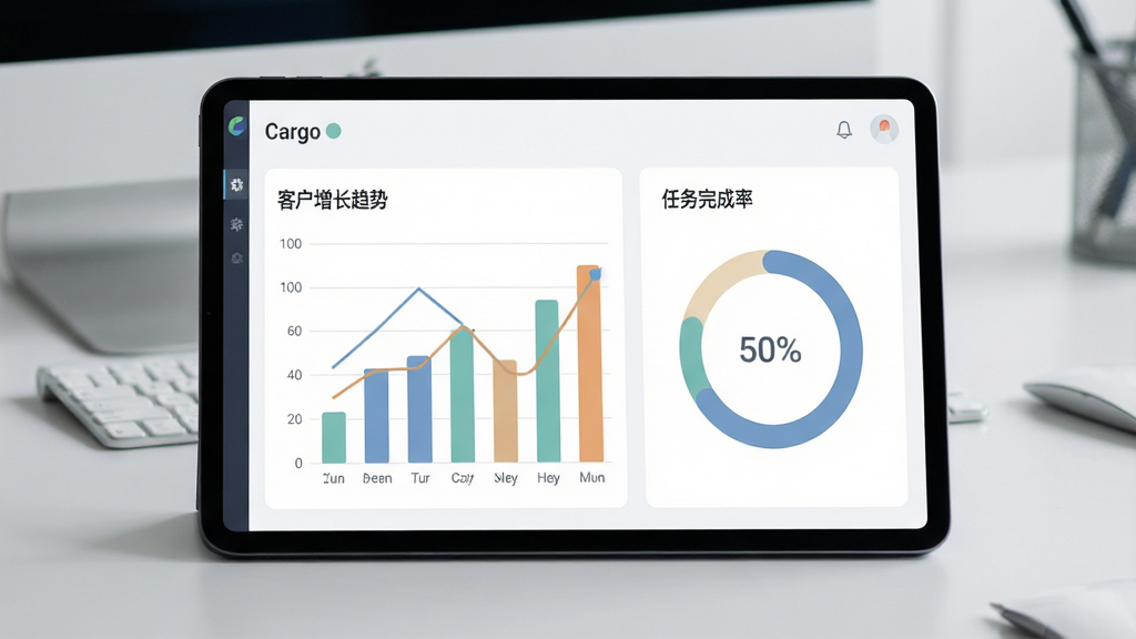 展示Cargo软件中的统计看板界面,屏幕上显示柱状图和圆形进度环,标注“客户增长趋势”和“任务完成率”,背景为浅灰色办公桌面,平板电脑横屏展示,布局简洁,图形清晰,色彩柔和,强调数据可视化效果,画质高清,无多余元素。
