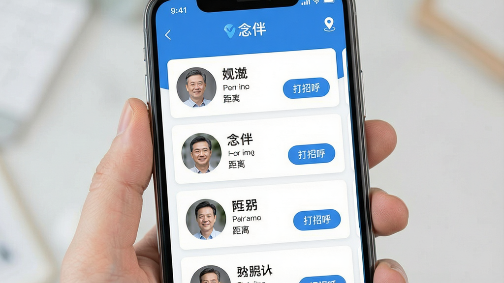 一张展示念伴APP“同城匹配”功能的界面截图。主体是手机界面,界面顶部有“念伴”字样和定位图标,中间以列表形式展示多位中年男女的用户卡片,每张卡片包含头像、昵称、距离和“打招呼”按钮。布局为上下滑动的信息流样式。排版简洁清晰,信息层级分明。风格为清新自然的UI设计风格,色彩以蓝白为主,细节处理精致,画质高清,画面干净,无多余元素。