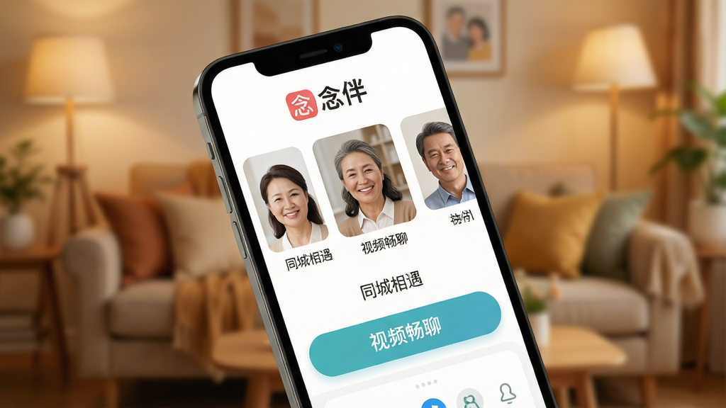 一张展示念伴APP核心界面的高清宣传图,画面主体为手机屏幕,屏幕内清晰显示“念伴”Logo、几位笑容真诚的中年男女用户头像卡片以及“同城相遇”、“视频畅聊”等功能按钮。布局采用居中构图,手机略微倾斜,背景为温馨模糊的暖色调客厅环境。排版干净,突出APP界面信息。风格为现代扁平化设计结合真实摄影质感,细节丰富,画质清晰干净,无多余元素。