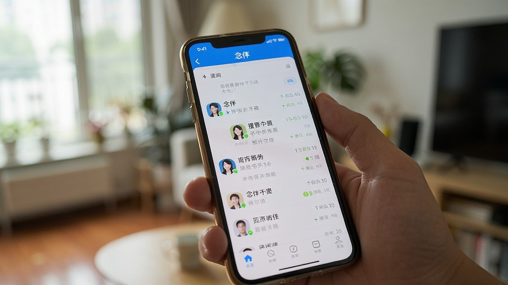 一张展示念伴APP在手机上运行状态的实拍图。主体是手持一部智能手机,屏幕清晰显示“念伴”的聊天列表页面,背景是模糊的室内环境。布局为手持设备的低角度视角,强调屏幕内容。排版自然,突出APP的实际使用场景。风格为真实的用户使用场景摄影,光线自然,细节丰富,画质清晰,重点突出手机屏幕显示内容。