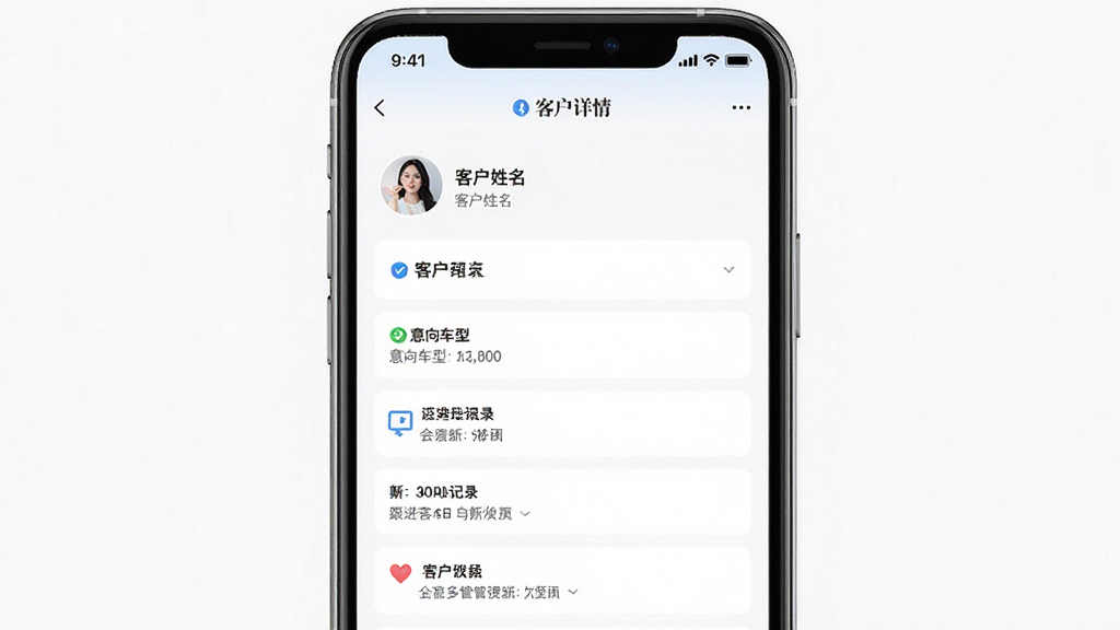 多多客客户管理界面预览图,主体为手机屏幕展示客户详情页,布局表单式,排版规整,风格清爽,细节包括客户姓名、意向车型与跟进记录,画质清晰,干净无多余元素