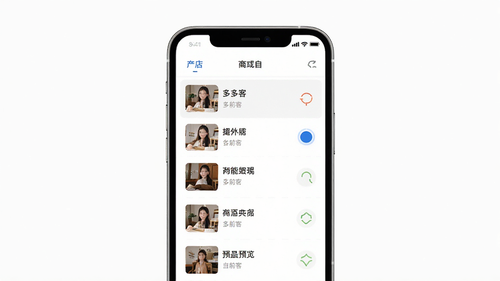 多多客多门店切换功能预览图,主体为手机界面展示门店列表,布局列表式,排版整齐,风格简洁,细节包括门店名称与当前选中状态,画质清晰,干净无多余元素