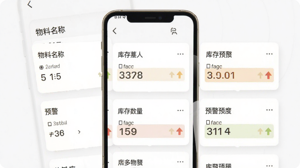 多多客物料库存预警界面预览图,主体为手机界面展示物料列表,布局卡片式,排版简约,风格实用,细节包括物料名称、库存数量与预警标识,画质清晰,干净无多余元素