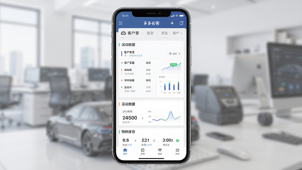 多多客汽车营销管理软件界面预览图,主体为智能手机展示应用主界面,包含客户列表、活动数据看板与物料库存模块,布局清晰,排版专业,风格简约商务,细节丰富,画质高清,干净无多余元素