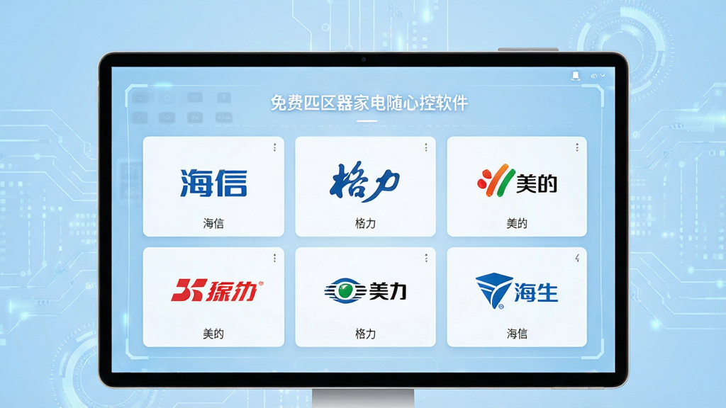 一张展示免费遥控器家电随心控软件内设备匹配界面的图片,屏幕上显示多个家电品牌logo,并标注“海信”“格力”“美的”等字样,布局整齐,背景为浅蓝色科技感风格,画质高清干净。