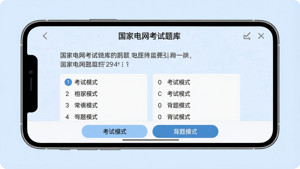 画面主体为手机横屏显示“国家电网考试题库”的答题界面,上方为题目,下方为选项,底部有“考试模式”和“背题模式”两个切换按钮,界面简洁,背景为淡蓝色,布局居中,风格扁平化,细节包括题目文字和两个模式按钮,画质干净,无多余元素
