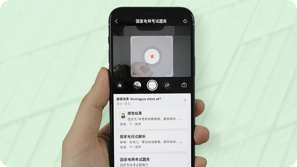 画面主体为手机屏幕显示“国家电网考试题库”的拍照搜题界面,上方为拍照取景框,下方显示搜索结果列表,背景为浅绿色,布局简洁,风格写实,细节包括取景框和答案解析卡片,画质干净,无多余元素