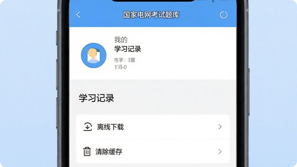 画面主体为手机竖屏显示“国家电网考试题库”的“我的”页面,页面包含头像、学习记录、设置选项,背景为浅蓝色,整体布局简洁,风格扁平,细节包括“离线下载”和“清除缓存”选项,画质干净,无多余元素