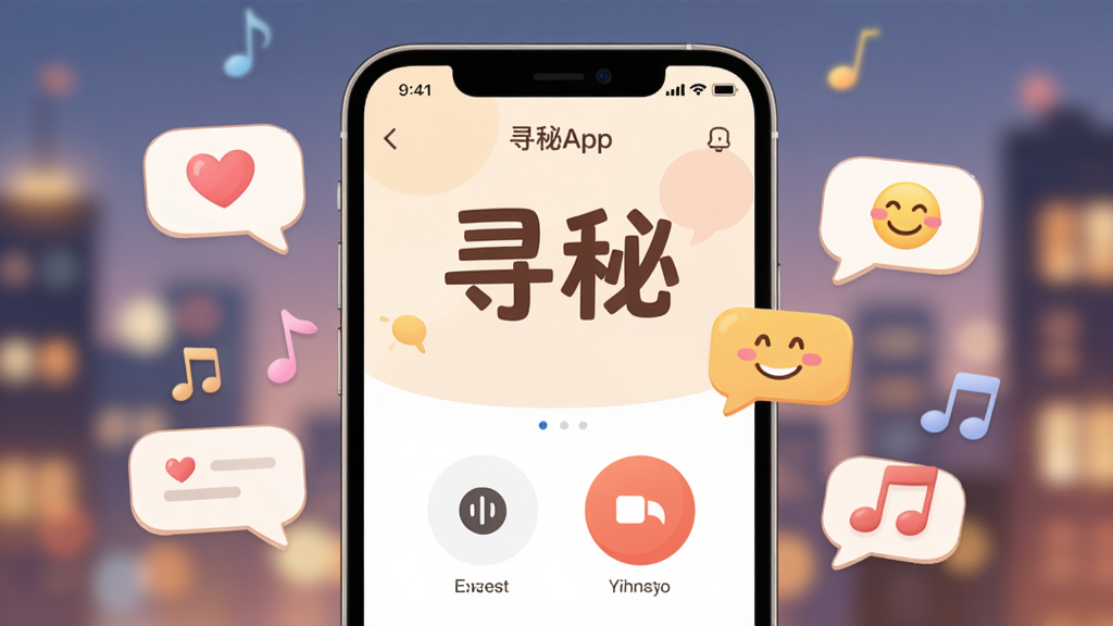 ���壺Ѱ��App��������棬��ʾ��������Ƶͨ����ť�������С�Ѱ�ء����������֣��ֻ���Ļռ�ݻ������ģ���Χ�������ĶԻ����ݺ�����ͼ�ꡣ�Ű棺������������ť���ԣ�������ࡣ������»��ã�ůɫ�����廭�硣ϸ�ڣ��Ի��������а��ĺ�Ц����������ģ���ĳ��й�ߡ����ʣ����壬�ɾ����޶���Ԫ�ء�