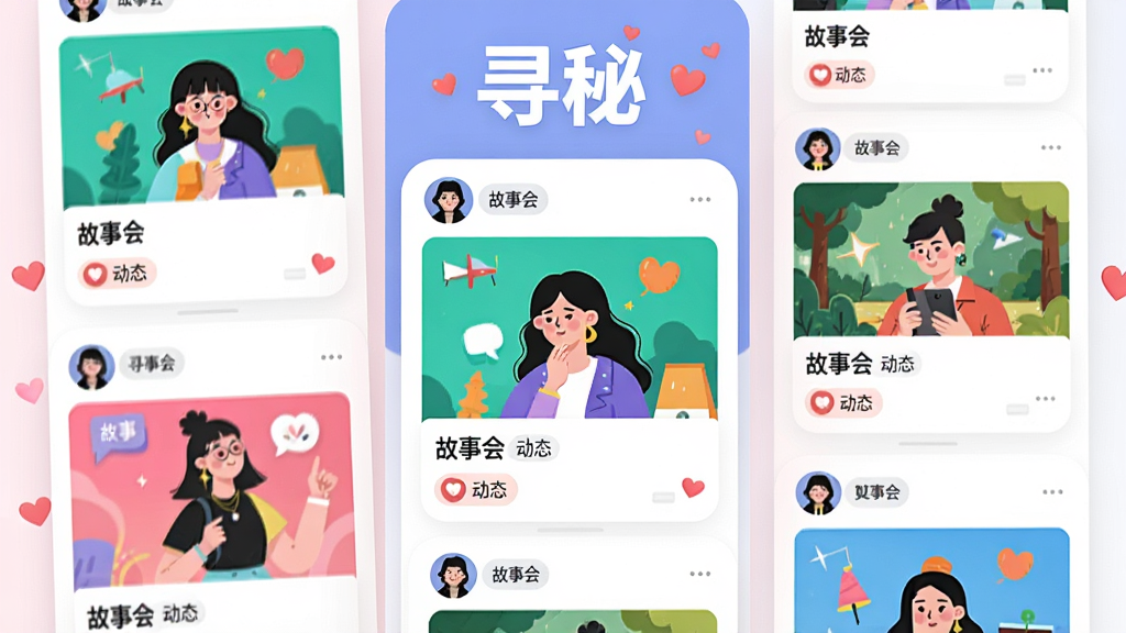 ���壺Ѱ��App�Ķ�̬�㳡���棬չʾ�û�������ͼ�ĺ͹��¿�Ƭ�������С�Ѱ�ء����������֣��������ٲ�����ʽ���У������������û�ͷ������ݿ�Ƭ���Ű棺��Ƭ�������£�ɫ�ʷḻ�����ʱ�л��ã�����ͨ͸����ƽ���廭�硣ϸ�ڣ���Ƭ���С����»ᡱ�͡���̬����ǩ��������С���ġ����ʣ����壬�ɾ����޶���Ԫ�ء�