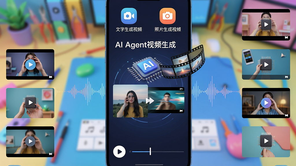 主体:一款名为“AI Agent视频生成”的手机应用界面,背景是多彩的视频创作工作台,中央悬浮着AI芯片与胶片元素。布局:应用界面占画面中央,四周环绕生成的视频片段缩略图,上方有“文字生成视频”“照片生成视频”的功能图标。排版:采用对称构图,界面元素清晰排列,下方有播放按钮与时间轴。风格:科技感与艺术感结合,扁平化设计,色彩明亮通透。细节:界面显示“AI Agent视频生成”字样,屏幕中有一张静态照片正逐渐变为动态视频的过渡效果,背景有音乐律动波纹。画质:8K超高清,干净无多余元素。