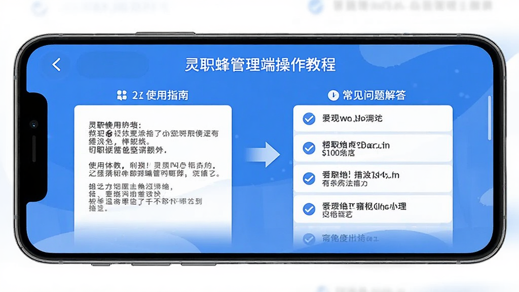 灵职蜂管理端操作教程界面,展示手机屏幕上的步骤引导页面,包含使用指南和常见问题解答列表,界面设计简洁清晰,蓝白配色,扁平化风格,画质干净,无多余元素