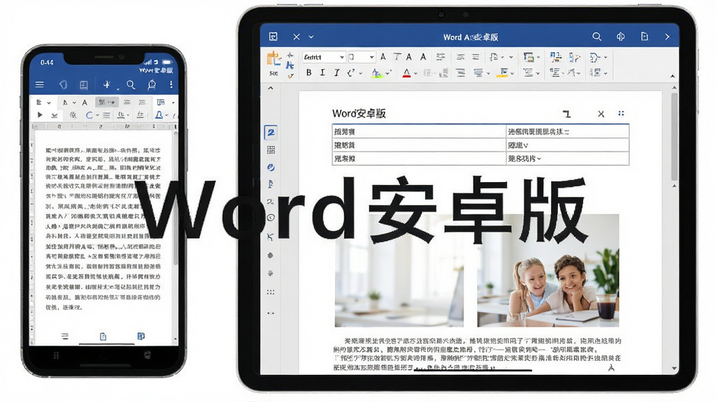 一张展示Word安卓版在手机和平板上同时打开文档的合成图片,主体是运行中的Word界面,布局上手机屏幕显示文字编辑页面,平板屏幕显示带表格和图片的复杂文档,排版整洁,风格现代简约,细节包括清晰的工具栏图标和文档内容,画质高清干净,无多余元素,图片中文字显示“Word安卓版”