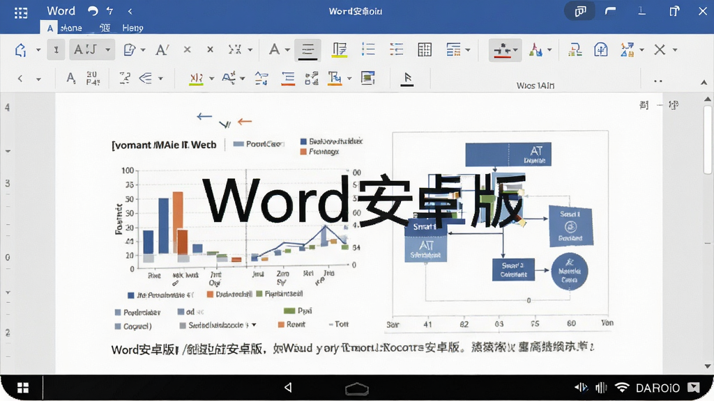 一张展示Word安卓版打开复杂文档的截图,主体是手机屏幕上的文档页面,布局包括上方的工具栏、中间的文本区域和下方的状态栏,排版清晰,风格写实,细节包括图表和SmartArt图形的高亮显示,画质干净无多余元素,图片中文字显示“Word安卓版”