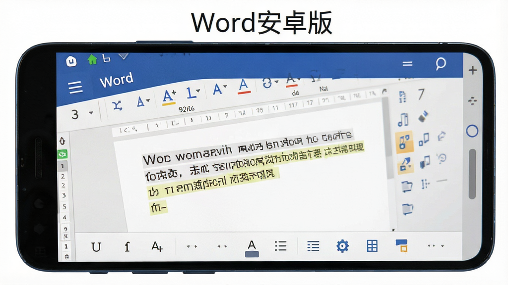 一张展示Word安卓版在手机上的实际操作界面的图片,主体是手机屏幕上的Word编辑界面,布局包括顶部的菜单栏、中间的文本编辑区域和底部的快捷操作栏,排版清晰,风格写实,细节包括工具栏图标和文本高亮,画质干净无多余元素,图片中文字显示“Word安卓版”