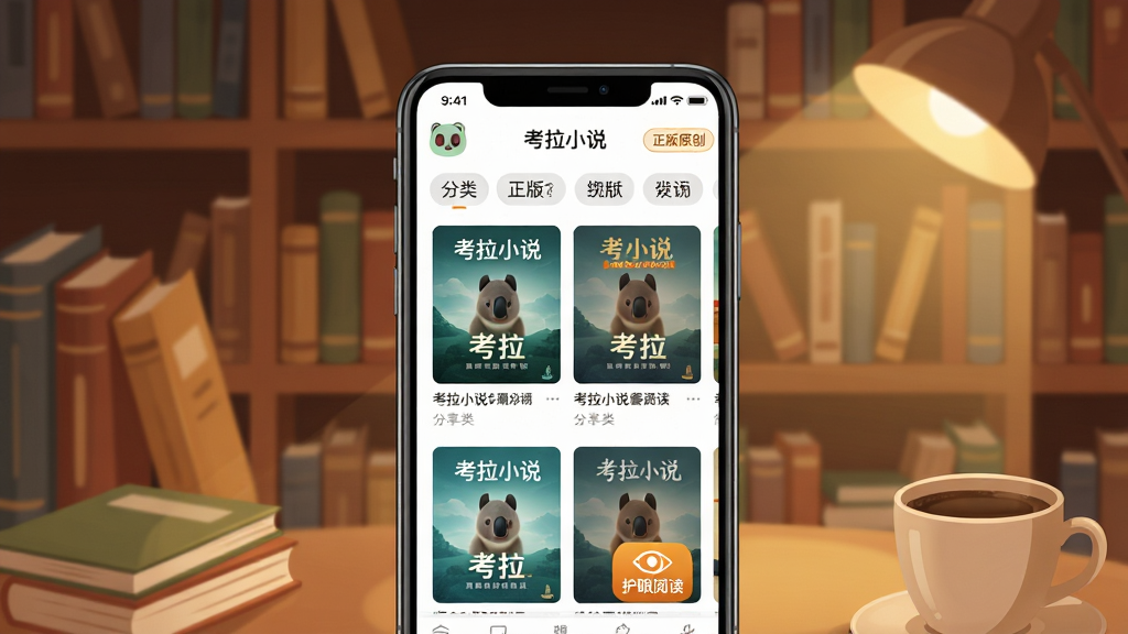 主体为一部亮着屏幕的智能手机,屏幕中展示“考拉小说”APP的阅读界面,界面有小说封面瀑布流、分类标签栏和“护眼阅读”图标,背景是温馨的书房书架,暖色调灯光,布局以手机居中为主体,四周点缀书本和咖啡杯,排版采用中心构图,风格为扁平插画结合写实光影,细节包括屏幕上的文字“考拉小说”和“正版原创”字样,画质高清,画面干净,无多余元素