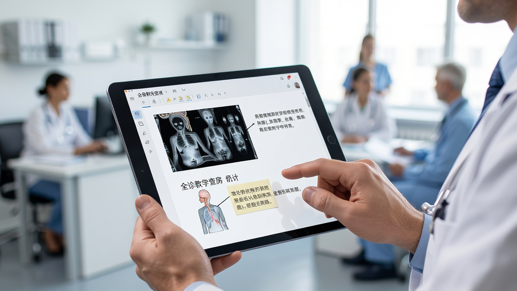 全诊教学查房界面,展示病例讨论幻灯编辑页面,包含影像图片和文字标注,医生在平板上操作,背景为科室环境,风格真实专业,画质干净,无多余元素