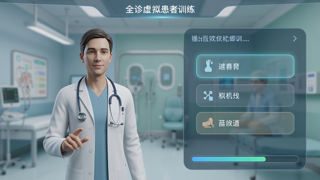 全诊虚拟患者训练界面,展示3D虚拟人物和对话选项,医生点击选择检查项目,界面有评分进度条,风格科技感强,色彩柔和,画质干净,无多余元素