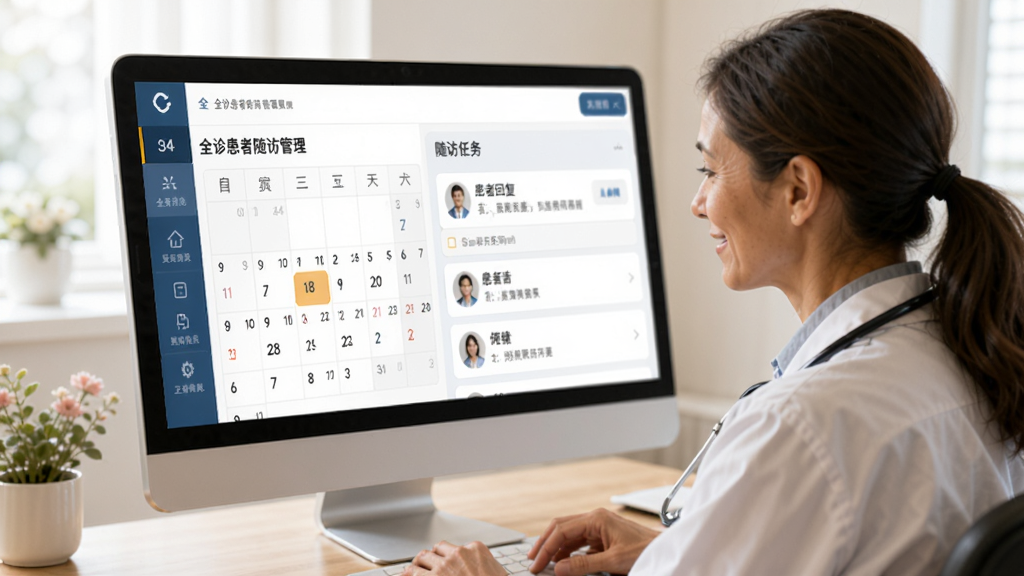 全诊患者随访管理界面,展示日历和随访任务列表,手机屏幕显示患者回复,医生在查看数据,风格温馨亲切,画面清晰,干净无多余元素