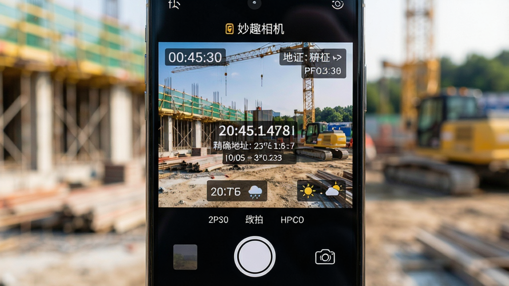 高清镜头特写下,一部智能手机屏幕显示妙趣相机主界面,界面简洁明亮,底部快门按钮醒目,屏幕中央预览画面叠加了清晰的时间、精确地址、经纬度与天气水印,背景为户外工地场景,光线自然,构图专业,画质细腻,干净无多余元素,突出“妙趣相机”软件名称与实拍水印核心功能