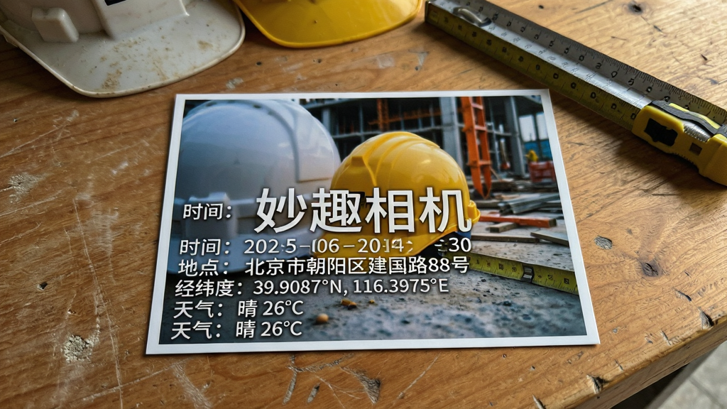 一张妙趣相机生成的示例照片平铺在木桌上,照片中清晰可见“时间:2025-06-20 14:30”、“地点:北京市朝阳区建国路88号”、“经纬度:39.9087°N, 116.3975°E”、“天气:晴 26℃”等水印字样,字体工整,排版整齐,背景为工地安全帽与测量尺,整体风格写实,画质清晰干净,无多余元素,突出“妙趣相机”水印效果